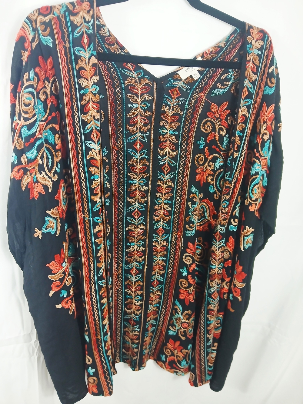 Umgee Black Tunic with Teal and Rust Embroidery